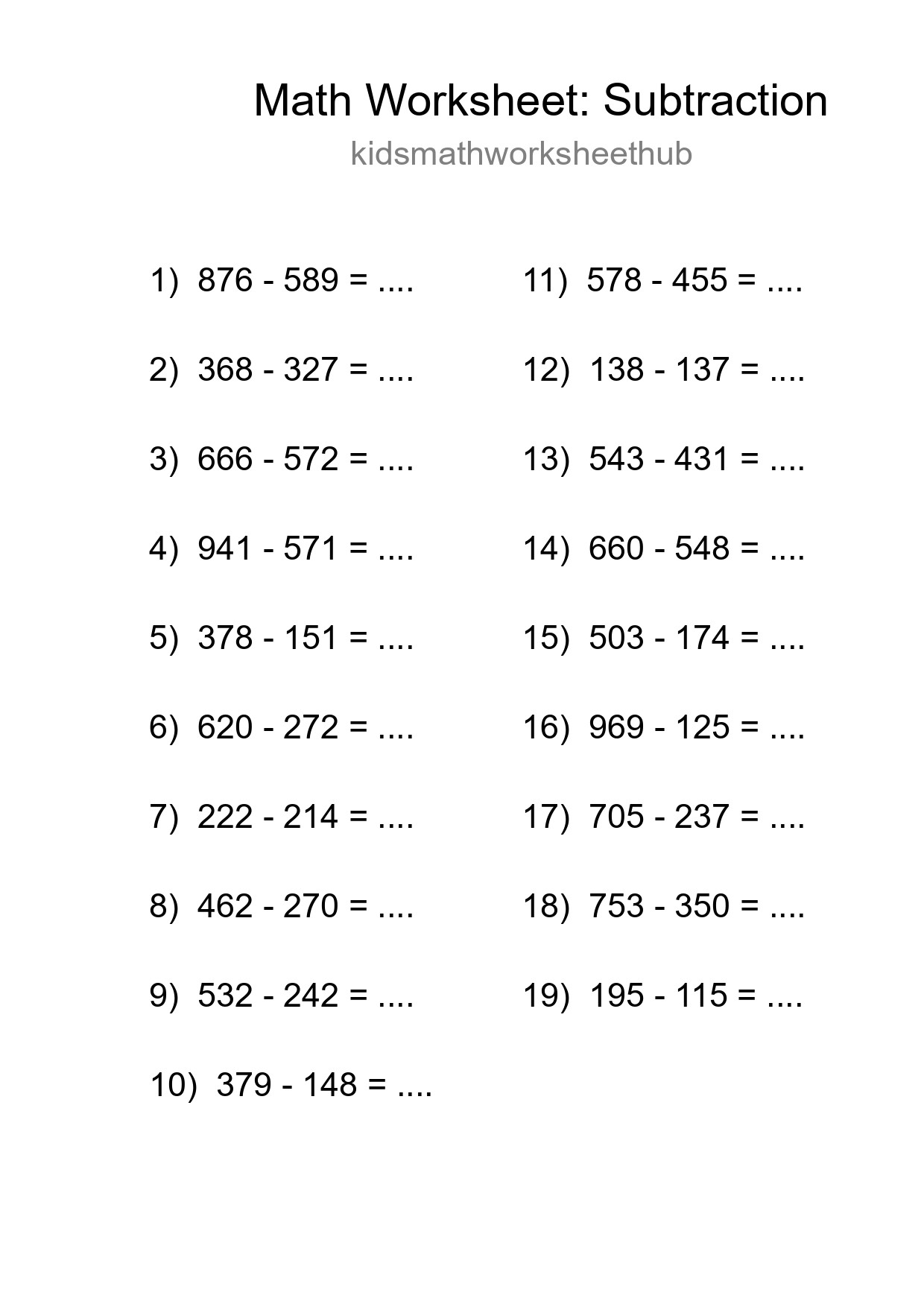Printable Free 19 Subtraction Math Worksheet For Grade 5 - Part 261