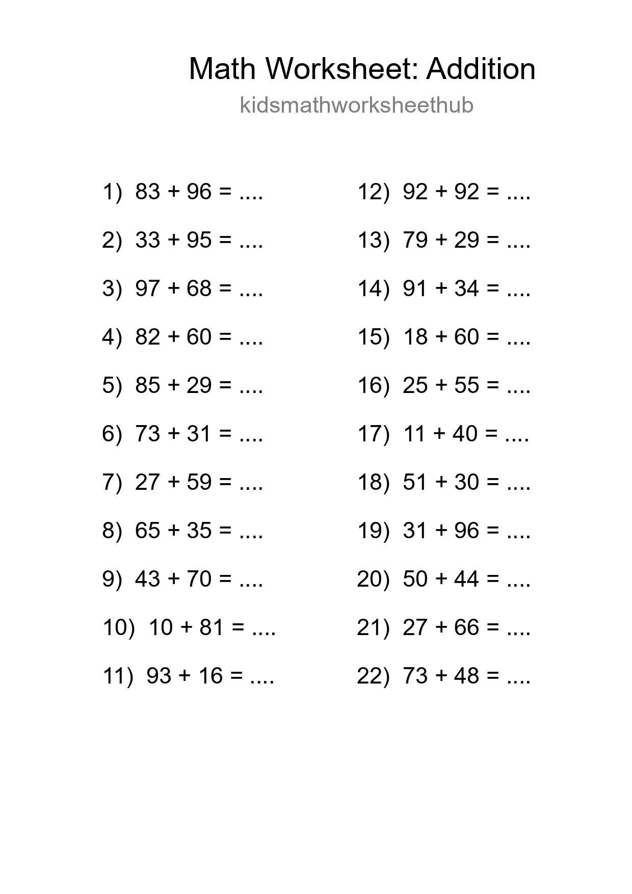 Printable Free 22 Addition Math Worksheet For Grade 3 - Part 45