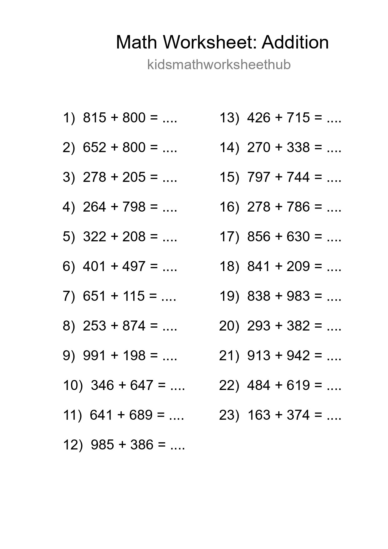 Printable Free 23 Addition Math Worksheet For Grade 5 - Part 67