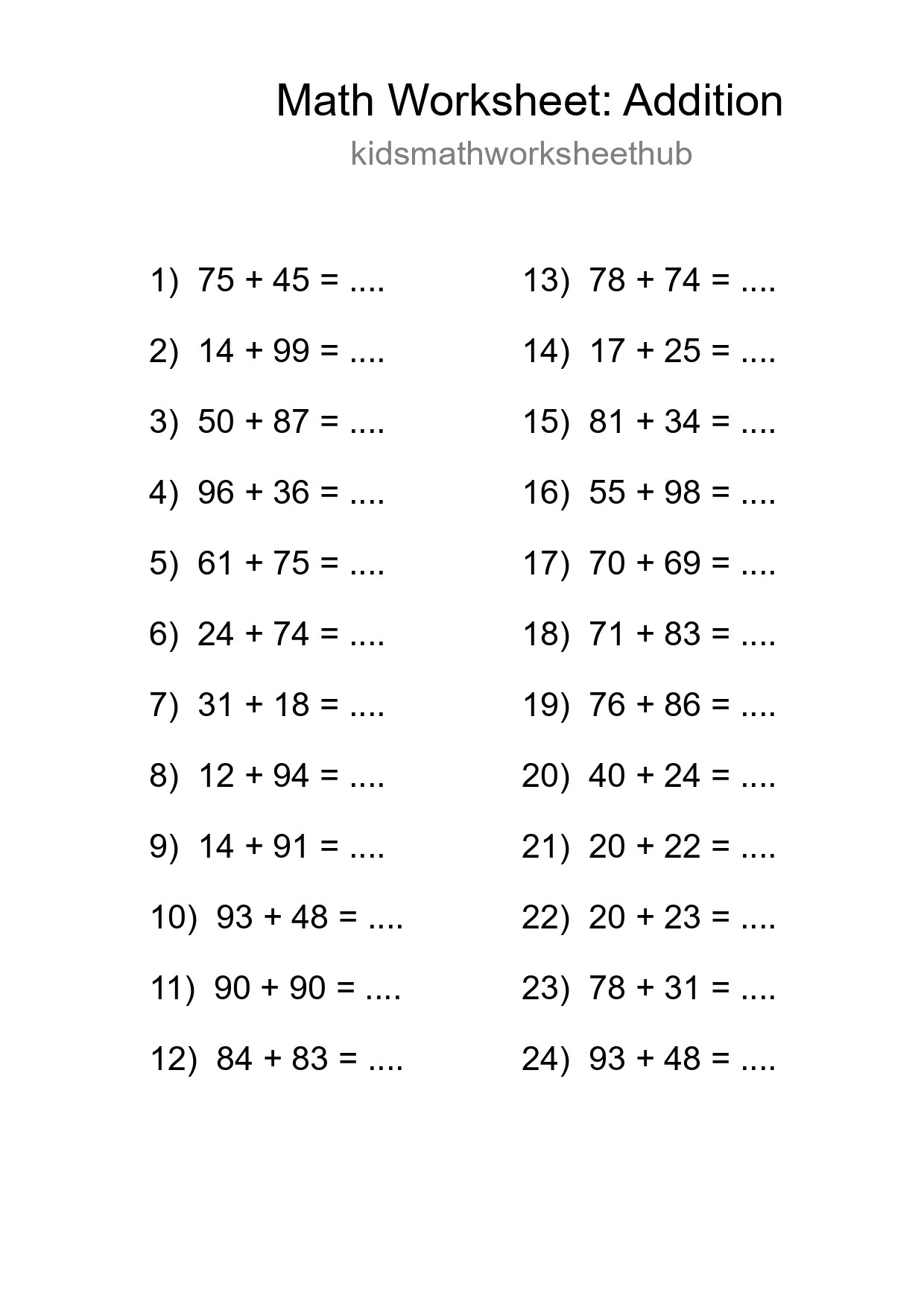 Printable Free 24 Addition Math Worksheet For Grade 3 - Part 166