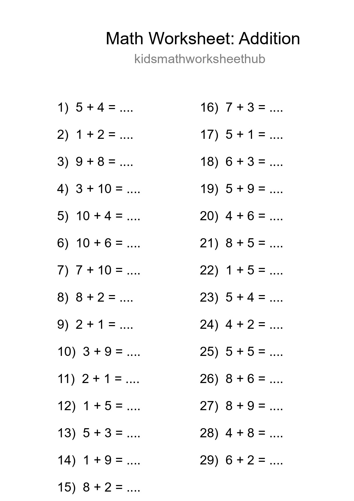 Printable Free 29 Addition Math Worksheet For Grade 1 - Part 144